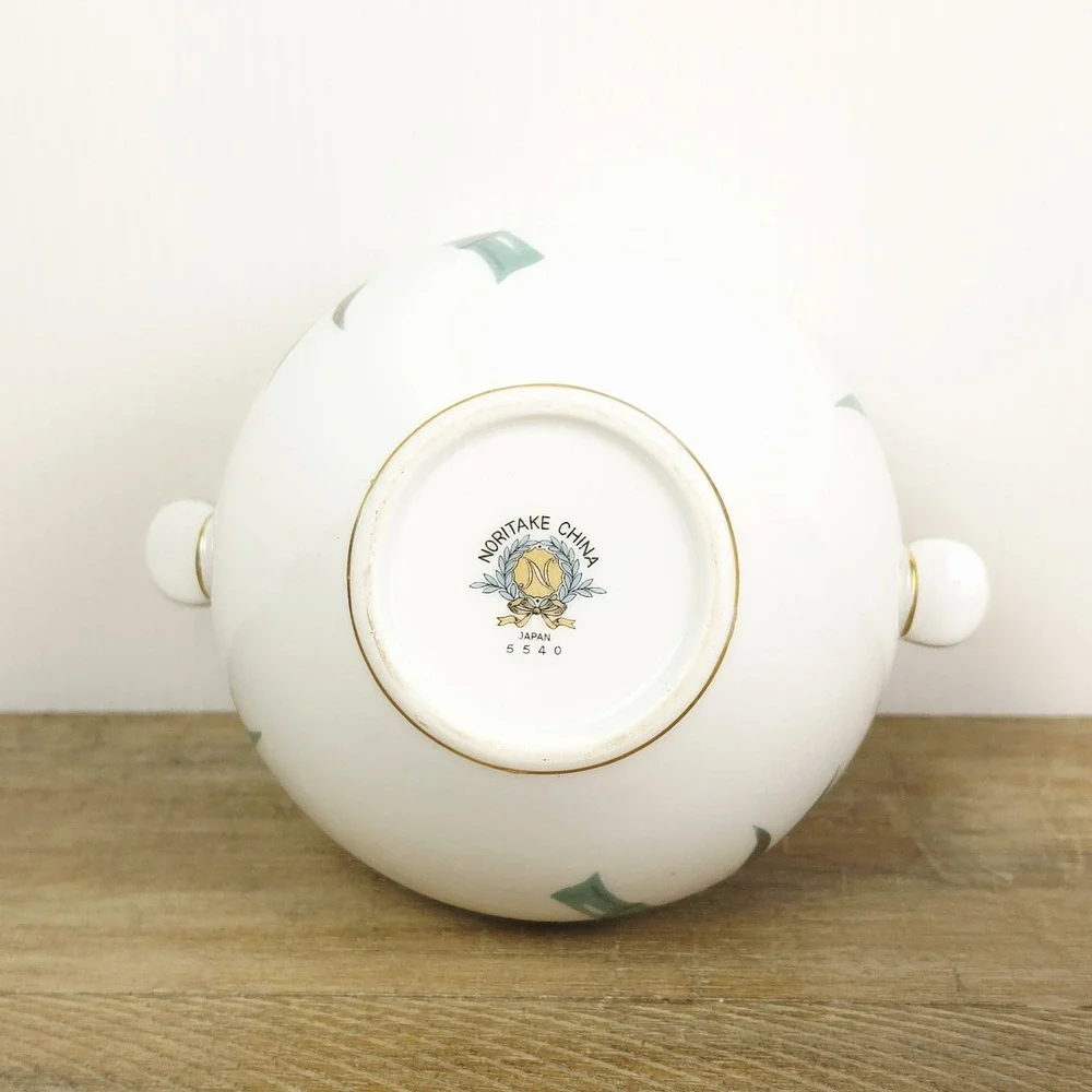 Noritake China 5540 Sugar Bowl‎ and Creamer Teal Bamboo Black Gold Leaves